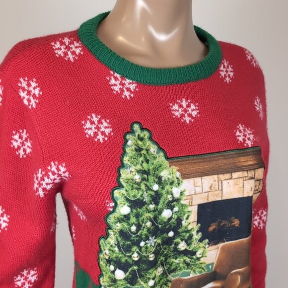 Ugly Christmas Festive Holiday Sweater Cozy Fireplace Snowflake Santa Party - Picture 2 of 7